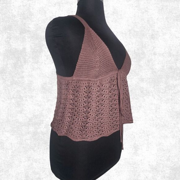 Plus Size 2XL Brown Crochet Tank Top – Boho Festival Knit Cami with Tie Front - Picture 7 of 8